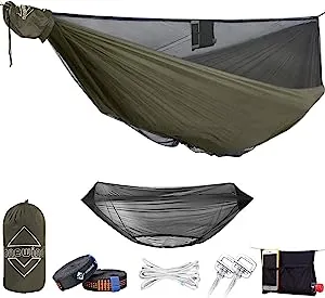 onewind 12Ft Camping Hammock with Mosquito Net, Ridgeline Double Hammock Portable Lightweight Large Hammock Ripstop Nylon Durable with 2 * 12Ft Tree Straps for Camping Hiking Backpacking, OD Green