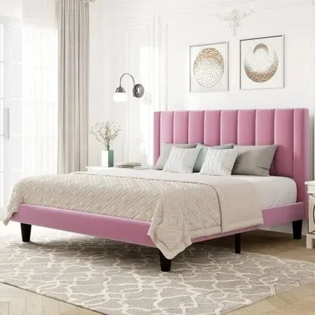 Allewie Queen Size Velvet Upholstered Bed Frame with Vertical Channel Tufted Headboard, Pink