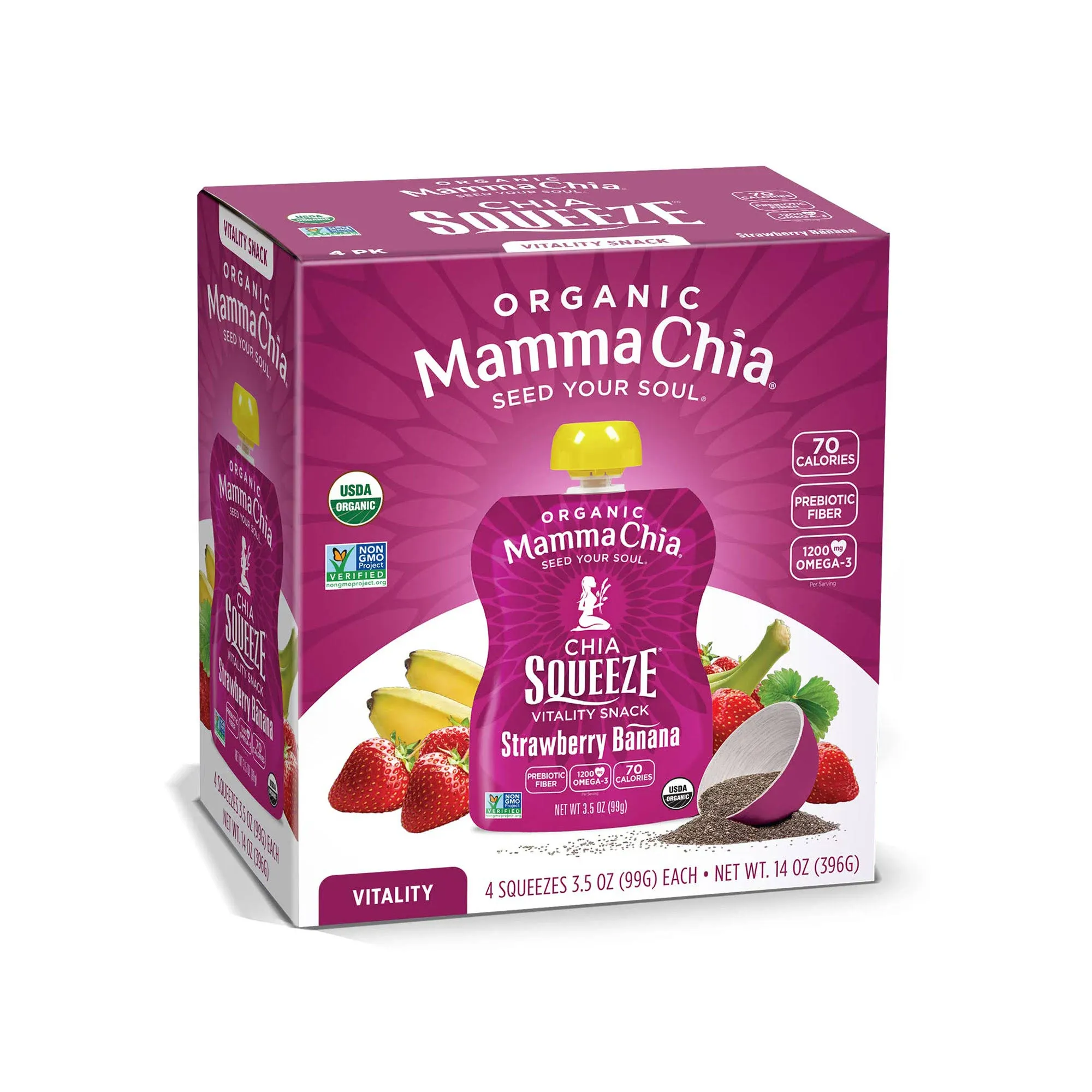 Mamma Chia Chia Squeeze Vitality Snack, Organic, Strawberry Banana - 4 pack, 3.5 oz squeezes