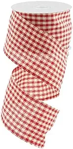 Primitive Gingham Check Wired Edge Ribbon 10 Yards Red Beige 2.5&#034;