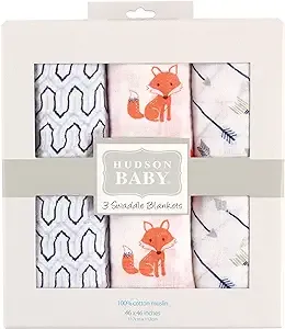 Hudson Baby Unisex Baby Cotton Muslin Swaddle Blankets, Foxes, 3-Pack