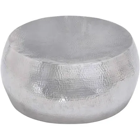 Deco 79 Aluminum Metal Living Room Coffee Table Drum Shaped Table with Hammered Design, Center Table 30" x 30" x 14", Silver