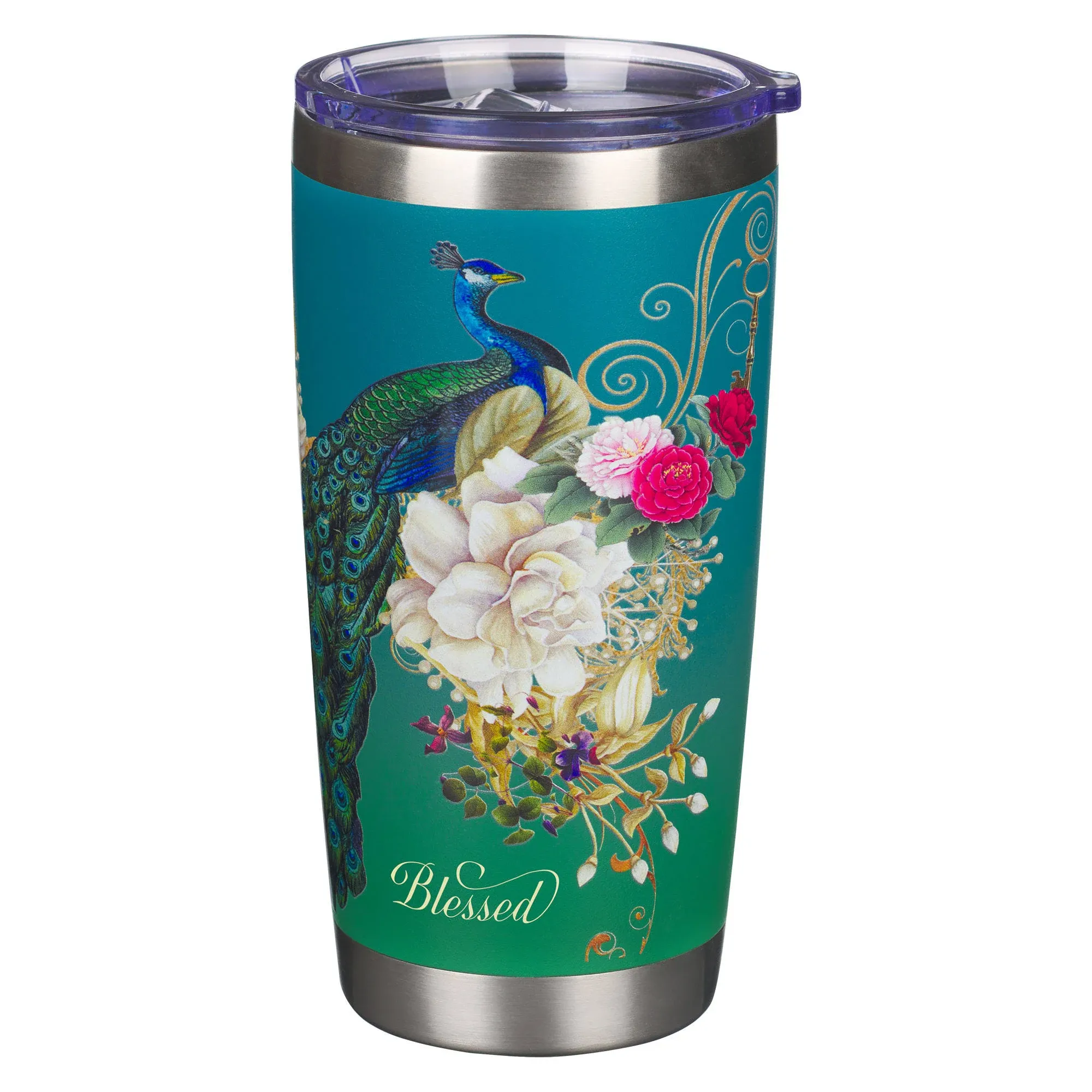 Christian Art Gifts Stainless Steel Double Wall Vacuum Insulated Tumbler 18 oz Peacock Teal Travel Mug with Retractable Lid Inspirational Bible Verse for Women - Blessed Faith -Jeremiah 17:7