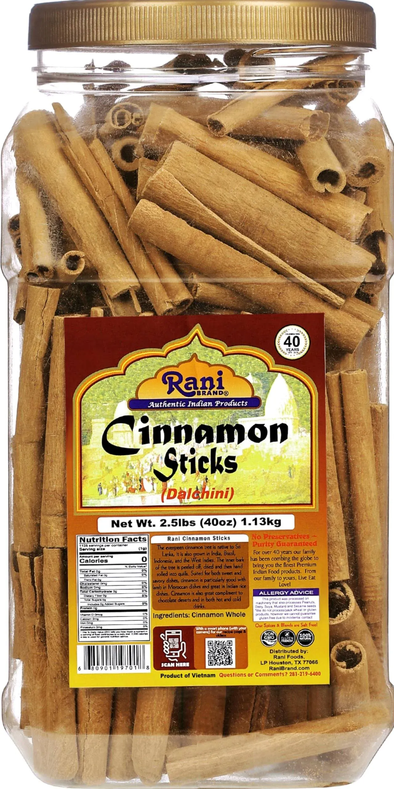 Rani Cinnamon Sticks 40oz (2.5lbs) 1.13kg Bulk PET Jar - 220-250 Sticks - Strong Aroma, Perfect for Baking, Cooking & Beverages | 3+ Inches Length - Cassia Saigon Cinnamon from Vietnam | Kosher