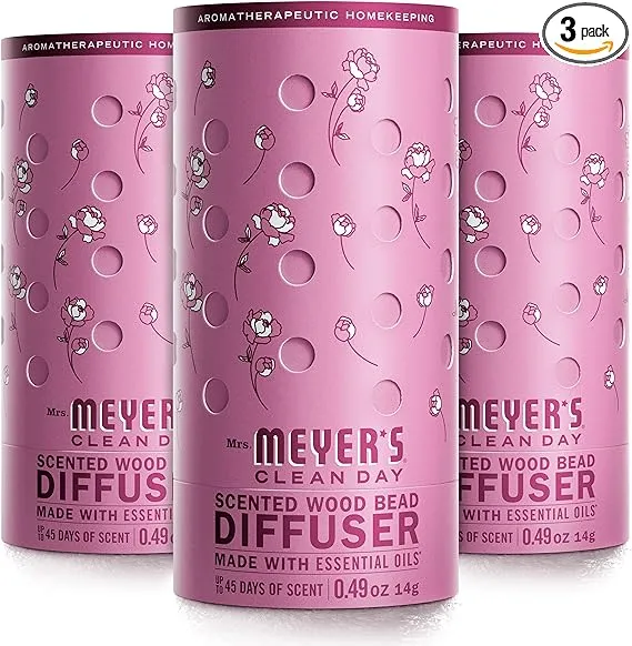 MRS. MEYER'S CLEAN DAY Wood Bead Diffuser, Air Freshener Fragrance for the Kitchen, Office, Bedroom and More, 45 Days of Fragrance, Peonyed, Pack of 3