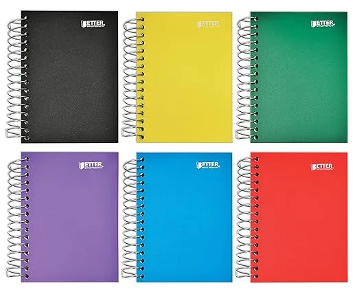 Better Office Products Fat Book Spiral Notebooks, 6 Pack, Small Notebooks with Poly Plastic Covers, 5.5 x 4 inches, 1-Subject, College Rule, 200 Sheets, 6 Assorted Primary Colors, 6 Count