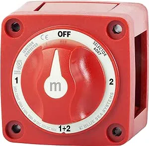 Blue Sea Systems Mini Battery Switch, MFG# 6007, Red, 300A Cont, 500A int, 32VDC. Positions: 1-2-off-both. / BS-6007 /