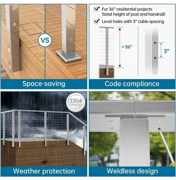 Muzata 19.5ft / Brushed - Surface Mount Complete Set Cable Railing System, One Stop Service All-in-One DIY Kit Fit