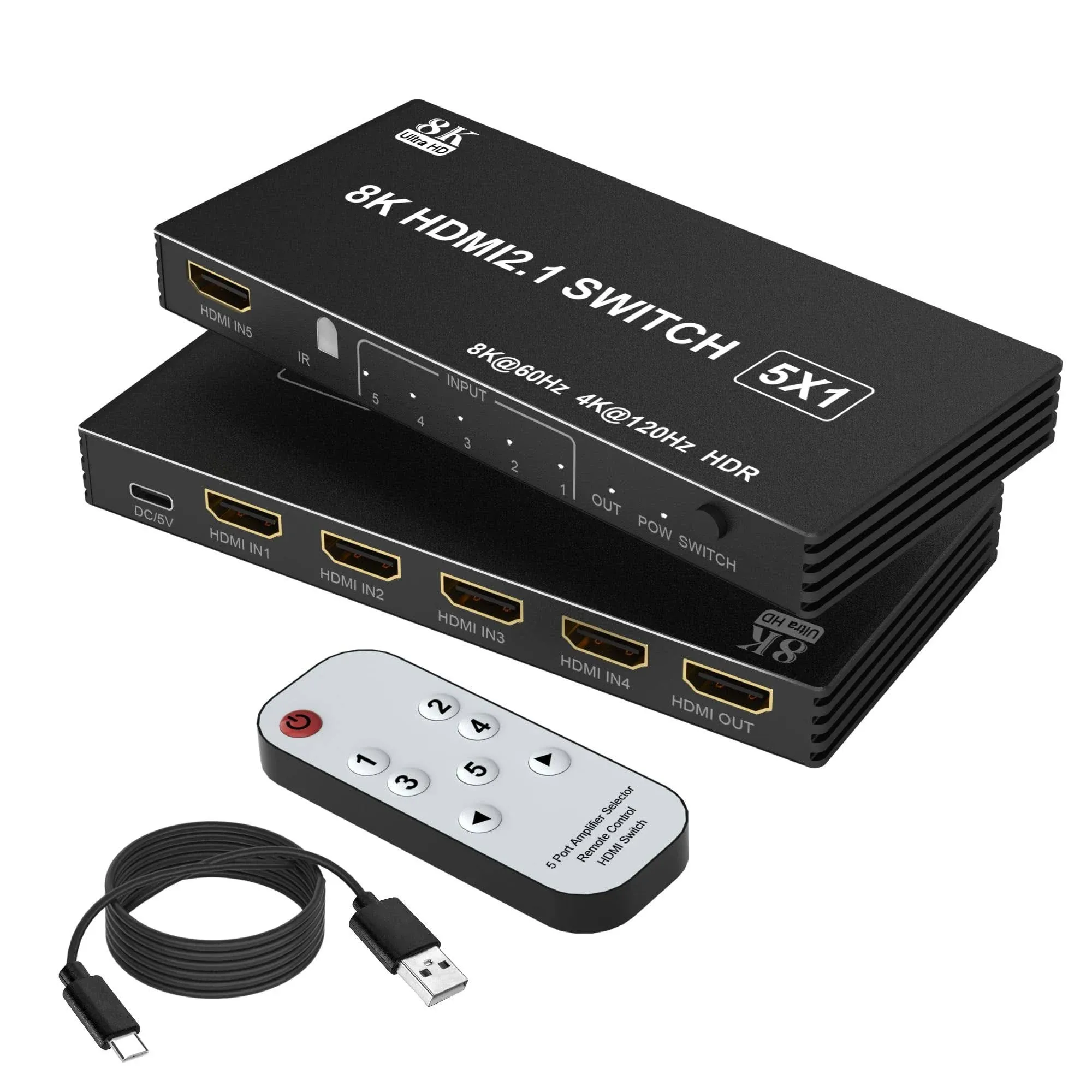 8K@60Hz HDMI Switch 5 in 1 Out, 5 Port HDMI 2.1 Switcher Selector Box for 5 Computers with Remote Control, HDMI Multiport Adapter Port Expander