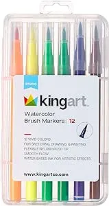 KINGART 'Watercolor-Effect' Brush Markers, 12 Colors - Brightly Colored Markers, Journaling, Lettering, Kids and Adult Coloring Books, and More, Comes with Durable and Convenient Carrying Case