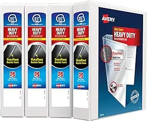 Avery Heavy-Duty View 3 Ring Binders, 1.5 Inch One Touch Slant Rings, DuraHinge, 2.1 Inch Wide Spine, Customizable Clear Cover and Spine, White Binders (4-Pack of 79781)