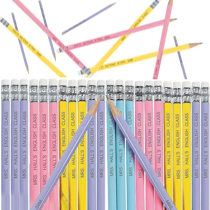 Fun Express Personalized Pencils (Pink, Blue, Yellow, Purple), 24 Pieces, Teaching, Writing, Branded, Office Supplies