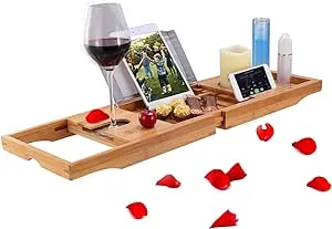 Bathtub Caddy Tray，Crafted Bamboo Bathtub Desk Caddy Tray Extendable Reading Rack Tablet Phone Holder Wine Glass Holder Shelf Desk for Bathroom Spa