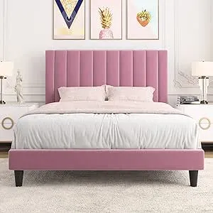 Allewie Queen Bed Frame/Velvet Upholstered Bed Frame with Vertical Channel Tufted Headboard/Strong Wooden Slats/Platform Bed Frame/Mattress Foundation/Box Spring Optional/Easy Assembly/Pink