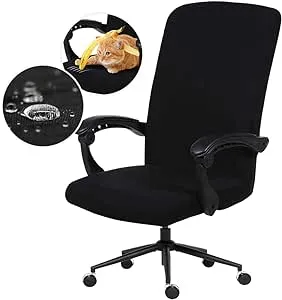 Water Resistant Office Chair Cover with Durable Zipper - Stretchable Universal Computer Chair Covering - Smooth Soft Polyester Slipcovers for Rotating Boss Chair, Desk Chair, High Back Chair (Black)