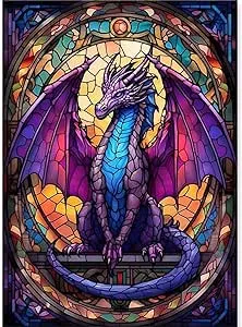 KICHANG Stained Glass Dragon Diamond Painting,5D Diamond Painting Kits,DIY Diamond Painting Kits for Adults Diamond Art,Round Full Drill Diamond Dots Diamond Art Kits for Wall Decor Gift-12x16in