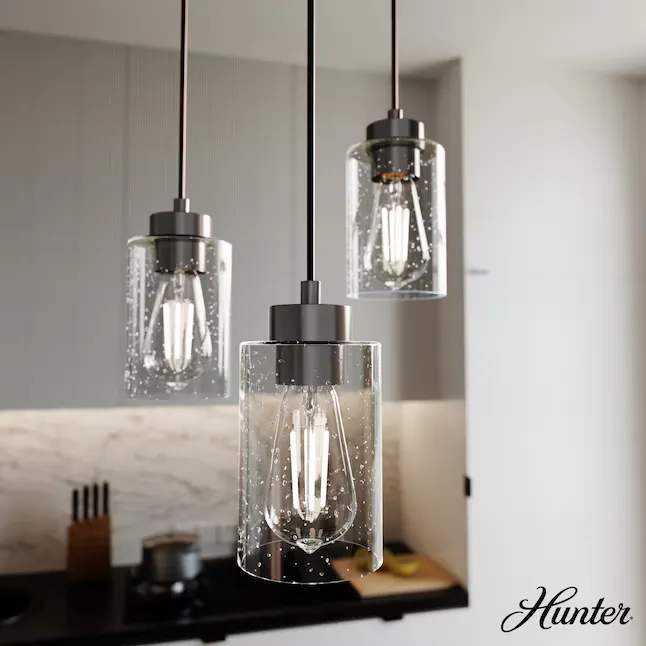 Hunter 13062 Hartland 3 Light 14 inch Cluster Pendant in Brushed Nickel with Seeded Cylinder Glass