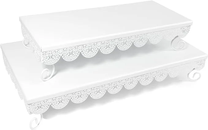 Dulcet Delights Metal Rectangle Eyelet Cake Stands with Lattice Borders for Birthdays, Weddings, Parties and Events 14.5" L x 6.5” W x 3.5” H and 17.5" L x 9.5” W x 3.5” H Set of 2 White