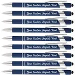 ExpressPen™ Personalized Rainbow Rubberized Soft Touch Ballpoint Pen with Stylus Tip is a stylish, premium metal pen, black ink, medium point. 12 Pens - Customized w/text and/or logo (Dark Blue)