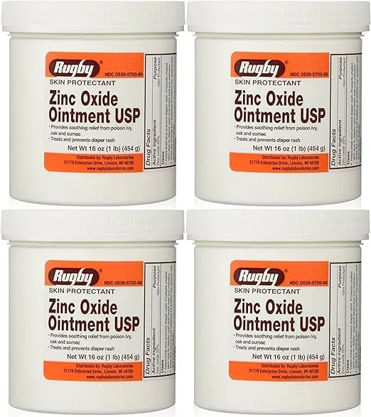 Zinc Oxide 20% Skin Protectant Ointment for Diaper Rash, Chaffed Skin 1 Lb. Jar Pack of 4 Jars Total 4 Lb's (4)