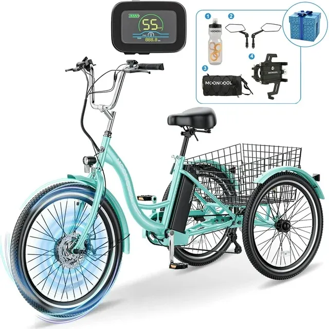 MOONCOOL 350W Motorized Electric Trike, 7 Speed 3 Wheel Electric Bicycle with 36V 14.5Ah Lithium Battery UL Certified, 24" Electric Tricycle for Adults with Rear Basket