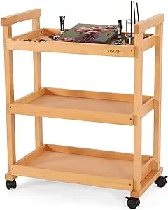 VISWIN 37" H Art Cart Storage Organizer 3-Tier, Solid Beech Wood Rolling Utility Cart with Caster Wheels, Multifunctional Art Supplies Storage Cart Organizer, Trolley for Studio, Classroom, Kitchen