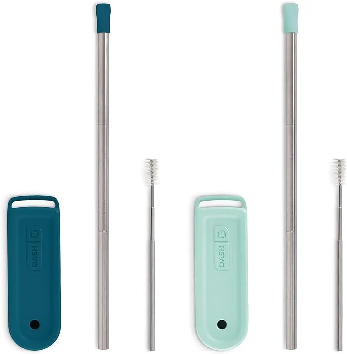 DASH Super Straw - Stainless Steel Magnetic Reusable Straw with Carrying Case and Cleaning Brush Included, 2-Pack - Aqua/Teal, DMSS002, 9.5 Inches