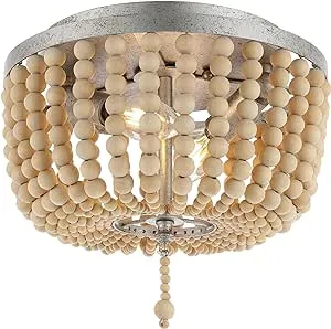 JONATHAN Y JYL9074C Allison 10" 2-Light Shabby Chic Farmhouse Wood Beaded/Metal LED Flush Mount French Country, Glam, Rustic, Transitional, Living Room, Dining Room, Bedroom, Antique Silver/Cream