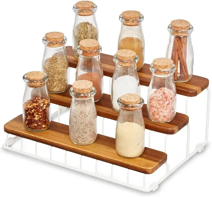 iDesign The Ría Safford Collection Acacia Wood and Wire Three Organizer, 12" x 8.5" x 5", 3 Tier Spice Rack