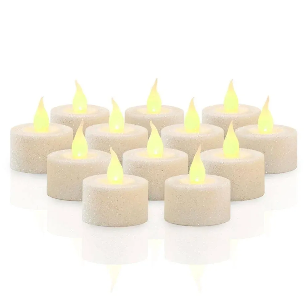 FURORA LIGHTING White Glitter LED Tealight Candles Pack of 12, Flameless Flickering Tealight Candles for Home Décor, 1.5’’(W) x 1.65’’(H), Battery Operated