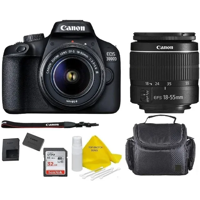 Canon EOS 3000D/Rebel T100/ EOS 4000D Kit with EF-S 18-55mm f/3.5-5.6 III Lens + Case + 32gb Memory Card+ TopKnotch Deals Cloth