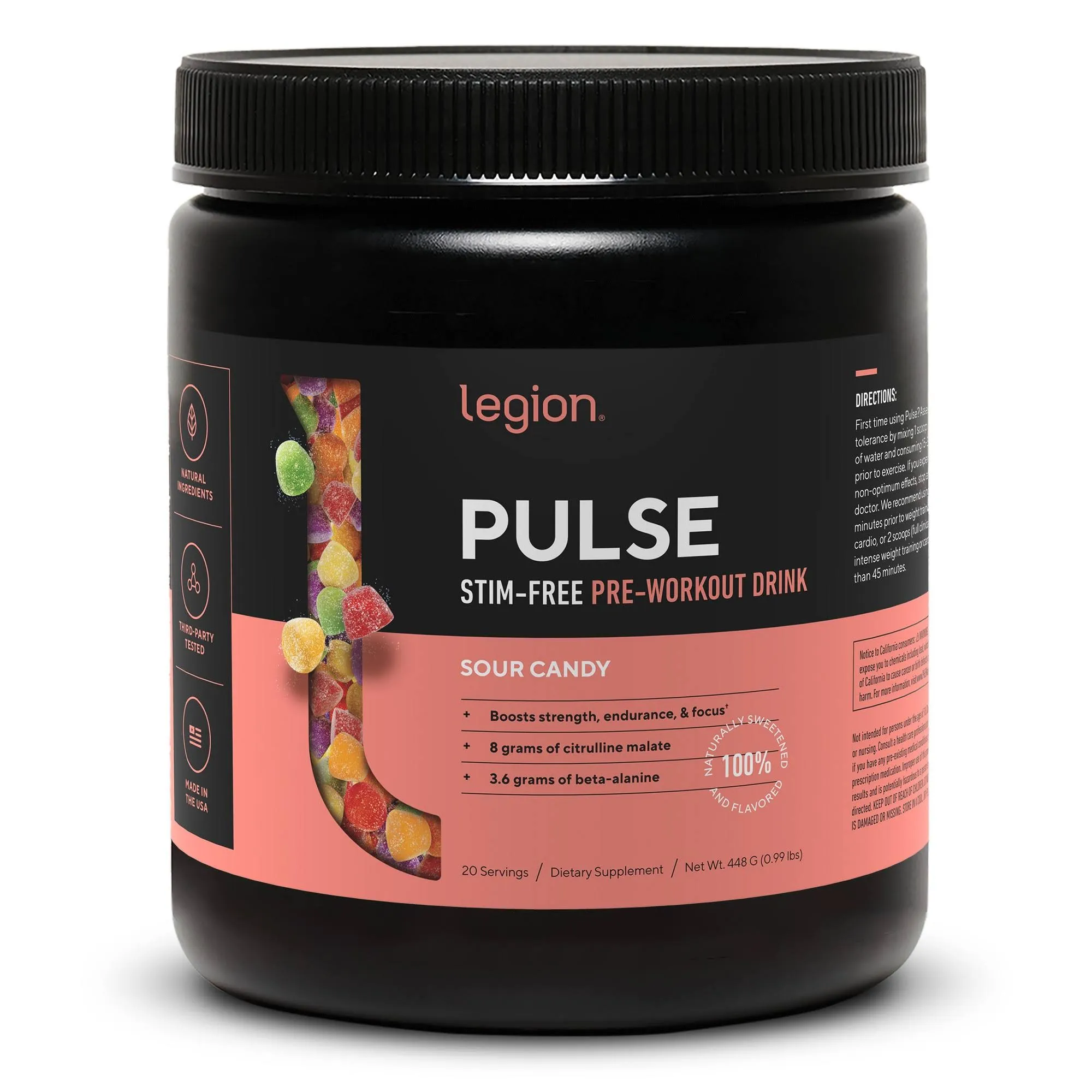 Legion Athletics, Pulse, Stim-Free Pre-Workout Drink, Pre-Workout-Getränk ohne Stimulanzien, Fruchtpunsch, 438 g (0,97 lbs.)