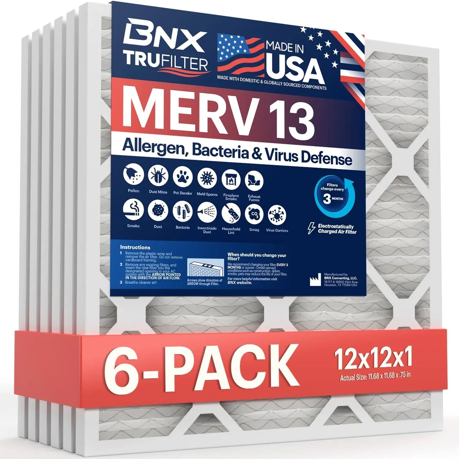 BNX TruFilter 12x12x1 Air Filter MERV 13 (6-pack) - Made in USA - Electrostatic Pleated Air Conditioner HVAC AC Furnace Filters