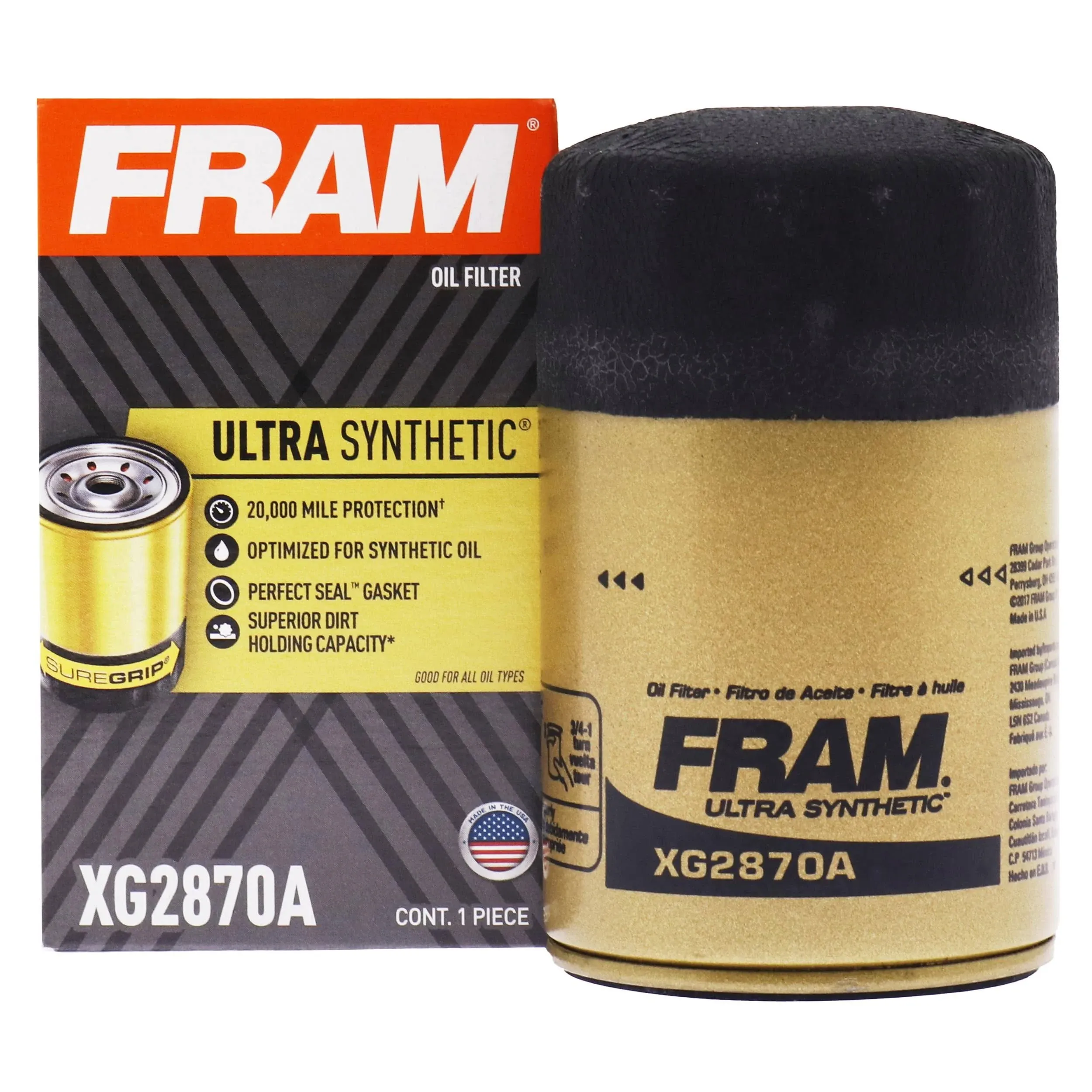 FRAM Ultra Synthetic Automotive Replacement Oil Filter, Designed for Synthetic Oil Changes Lasting up to 20k Miles, XG2870A with SureGrip (Pack of 1)