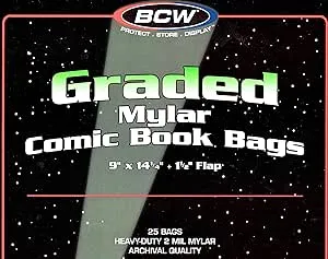 BCW Graded Mylar Comic Book Bags - 25ct | Archival Polyester Protection | Fits CGC Graded Comics | 2 Mil Thickness | 1-1/2" Flap for Secure Closure | 9 x 14 1/4 | Clear Comic Storage