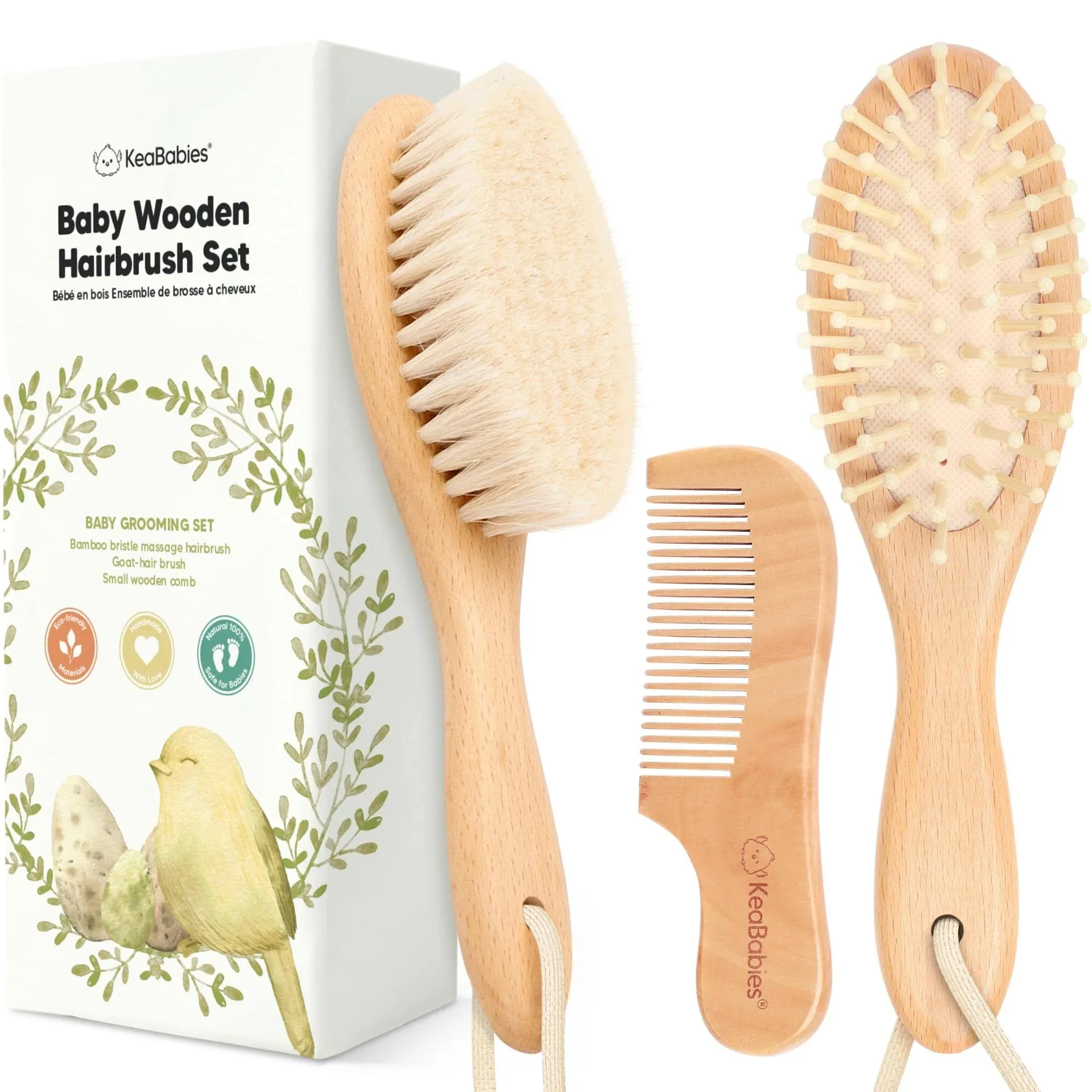 Baby Hair Brush and Comb Set, Oval Wooden Baby Brush Set for Newborns, Infant, Toddler Grooming Kit - Lemon