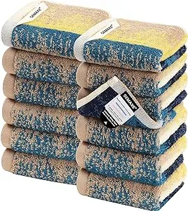 SEMAXE Washcloths Set of 12,100% Cotton Wash Cloths with Hanging Loops and Smart Tags, Soft and Absorbent Face Towels Set, Gift Box Packaging, Yellow/Blue Washcloth, 13" L x 13" W