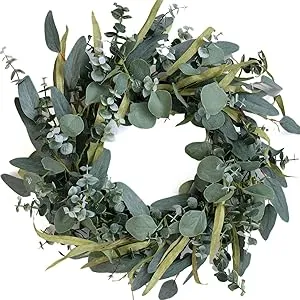 idyllic 18" Artificial Eucalyptus Longifolia Leaves Wreath Rustic Farmhouse Decorative Floral Wreath for Front Door Window Wedding Four Seasons