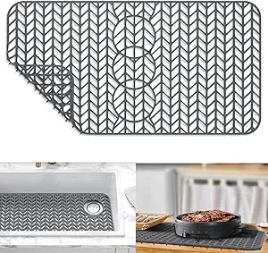 GUUKIN Sink Protectors for Kitchen Sink - 29"x 15.35" Silicone Kitchen Sink Mat Grid for Bottom of Farmhouse Stainless Steel Porcelain Sink with 3 Reserved Holes（Grey）