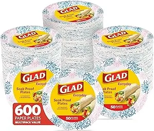 Glad Round Disposable Paper Plates for All Occasions | Soak Proof, Cut Proof, Microwaveable Heavy Duty Disposable Plates | 8.5" Diameter, 600 Count Bulk Paper Plates,Pink,White