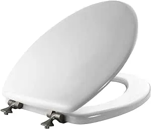 MAYFAIR 1844BNA 000 Toilet Seat with Brushed Nickel Hinges will Never Come Loose, ELONGATE, White - Brushed Nickel