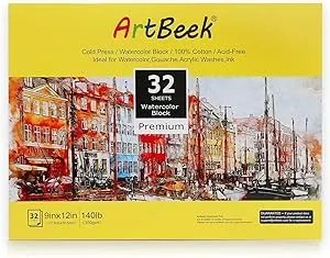 ArtBeek Watercolor Paper Block,9" x 12" Watercolor Block 32 Sheets 100% Cotton Cold Press 140lb/300GSM