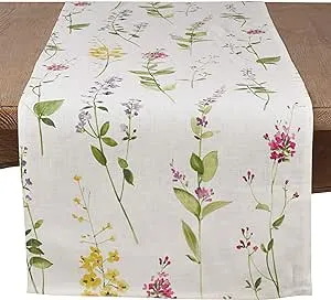 Saro Lifestyle 1015.OW16120B 120 in. Watercolor Floral Stems Linen Table Runner, Off-White