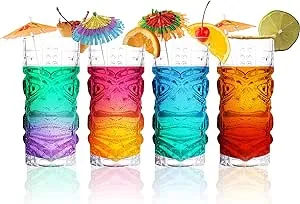 Clear Tiki Glasses, Set of 4 - 450 ML - Perfect for Exotic Cocktails, Lemonade, Ice Tea, Mixed Drinks- Exotic Zombie, Rum, Mai Tai, Pina Colada, Punch, Hurricane, Bar Drinkware