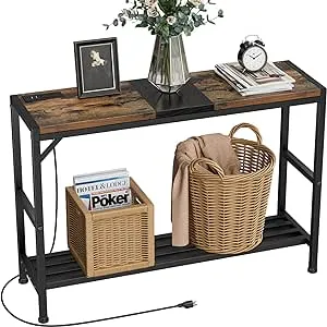 Egepon Console Table Sofa Table with Power Outlet, 41.3" Entryway Table with Shelves, Entrance Table for Entryway, Living Room, Foyer, Corridor, Front Hall, Coffee Bar, Rustic Brown and Black