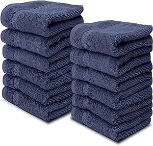 White Classic Luxury Cotton Washcloths - Hotel Spa Bathroom Face Towel | 12 Pack | Navy Blue