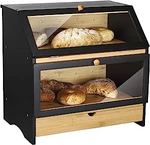 HOMEKOKO Large Bamboo Two-layer Bread Box With Drawer, Double Layers Large Bread Box for Kitchen Counter, Wooden Large Capacity Bamboo Bread Food Storage Bin (BLACK)