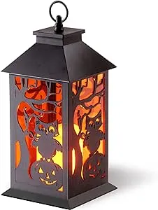 National Tree Company Halloween Lantern with LED Lights, Carved Images of Owls, Pumpkins, Leafless Trees , 12 inches