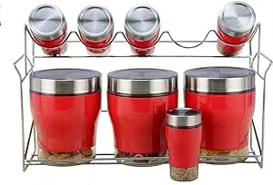 Jumbl 9 Piece Stainless Steel Red Color And Glass Kitchen Counter Storage and Spice Jar Rack Set