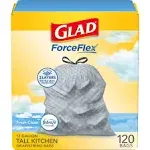 Glad ForceFlex Tall Kitchen Drawstring Trash Bags, 13 Gallon, 120 Count. NEW.